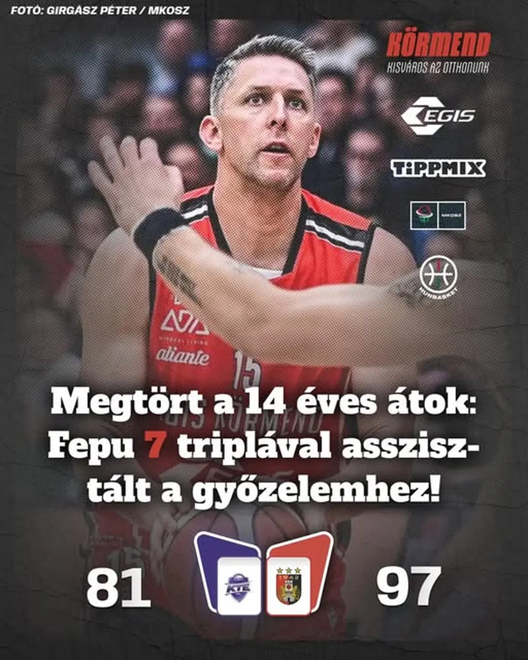 Az Egis Körmend 2025. március 14. dátumú Facebook-bejegyzésének képe: Ferencz Csaba mind a 21 pontját triplákból szerezte, emellett 8 lepattanót is összeszedett