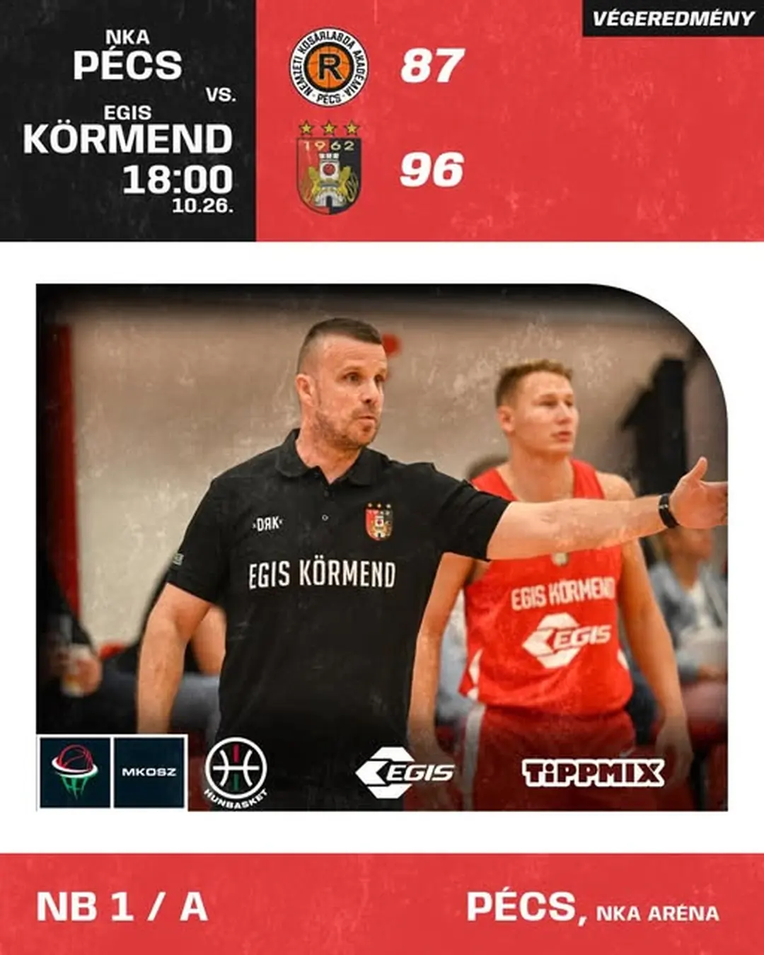 Az Egis Körmend 2024. október 26. dátumú Facebook-bejegyzésének képe: 2 ponttal távozunk Pécsről!