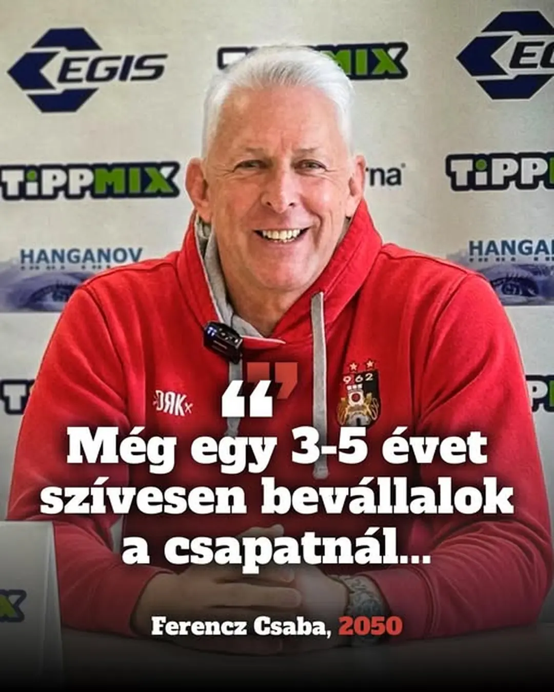 Az Egis Körmend 2025. április 14. dátumú Facebook-bejegyzésének képe: 2050-et írunk, Bartik Zazi már visszavonult a profi kosárlabdázástól, mindeközben Ferencz Csaba 65