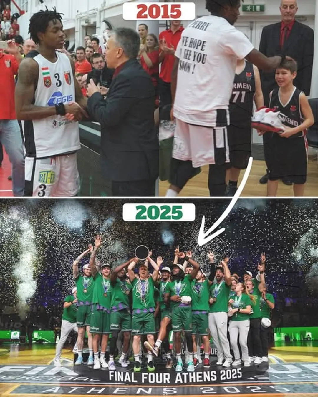 Az Egis Körmend 2025. május 13. dátumú Facebook-bejegyzésének képe: Gratulálunk egykori játékosunknak, Kendrick Perrynek, aki a spanyol Unicaja Baloncesto csapatával